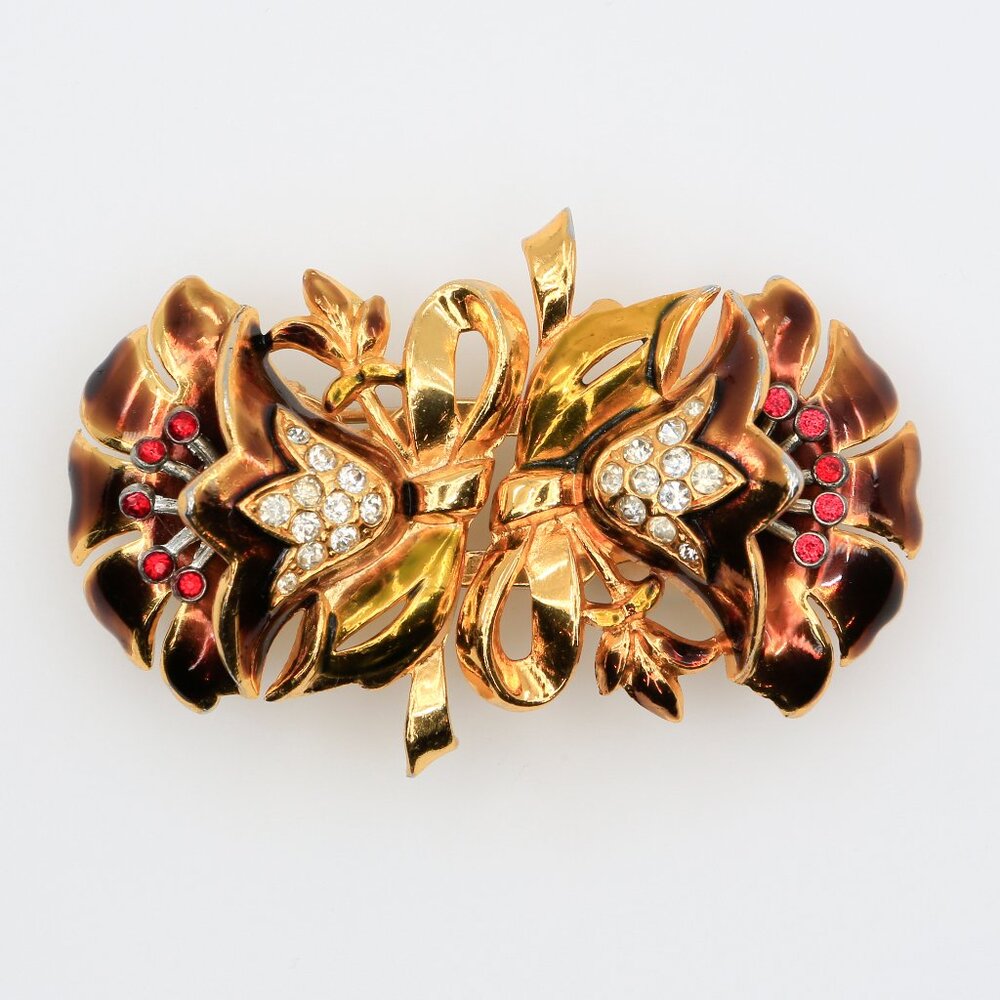 Vintage Coro Enamel and Rhinestone Flower Duette Brooch Dress Clips Set‎ 1940s